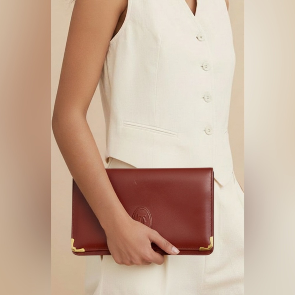 Cartier Brown Leather Fold over Bordeaux Clutch